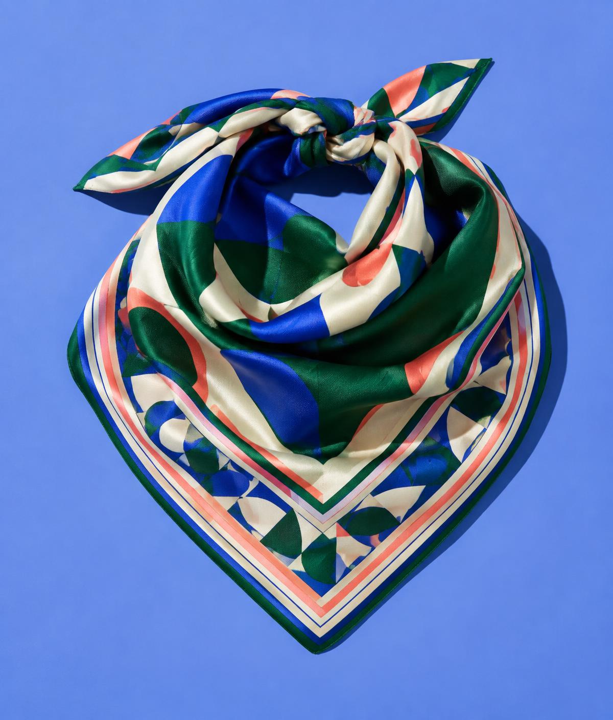 Graphic green, cobalt, cream and coral silk bandana