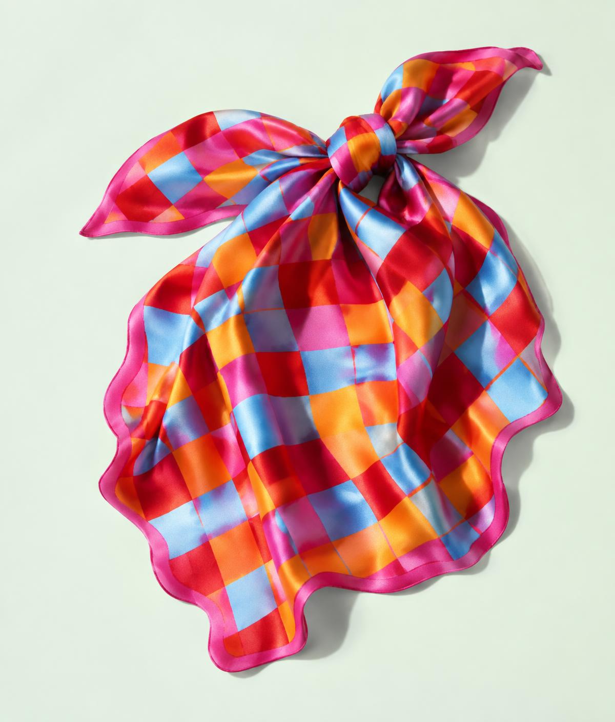 Vibrant checker silk scarf in pink, orange, red and blue