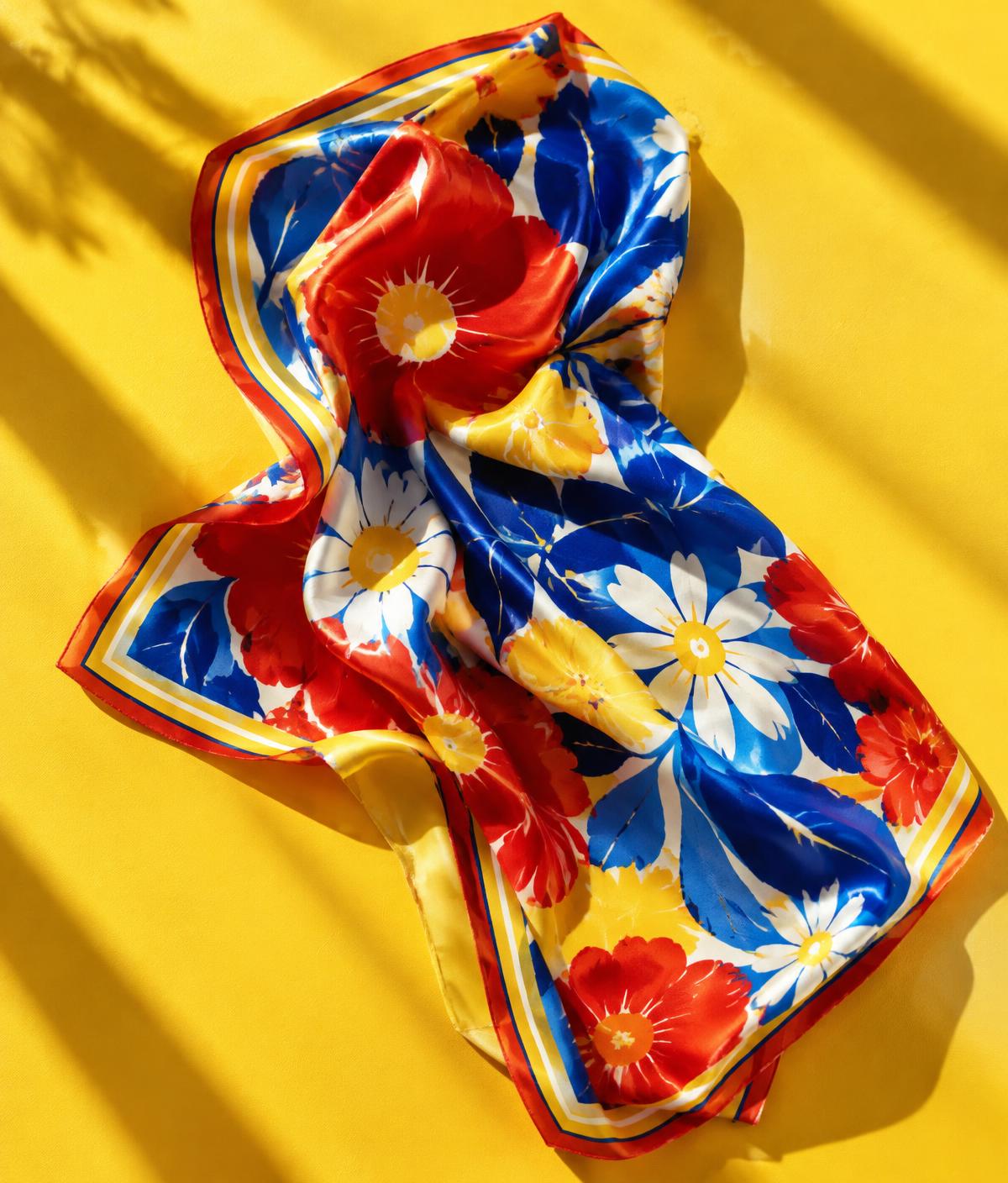 Bold floral silk scarf in red, cobalt, white and yellow