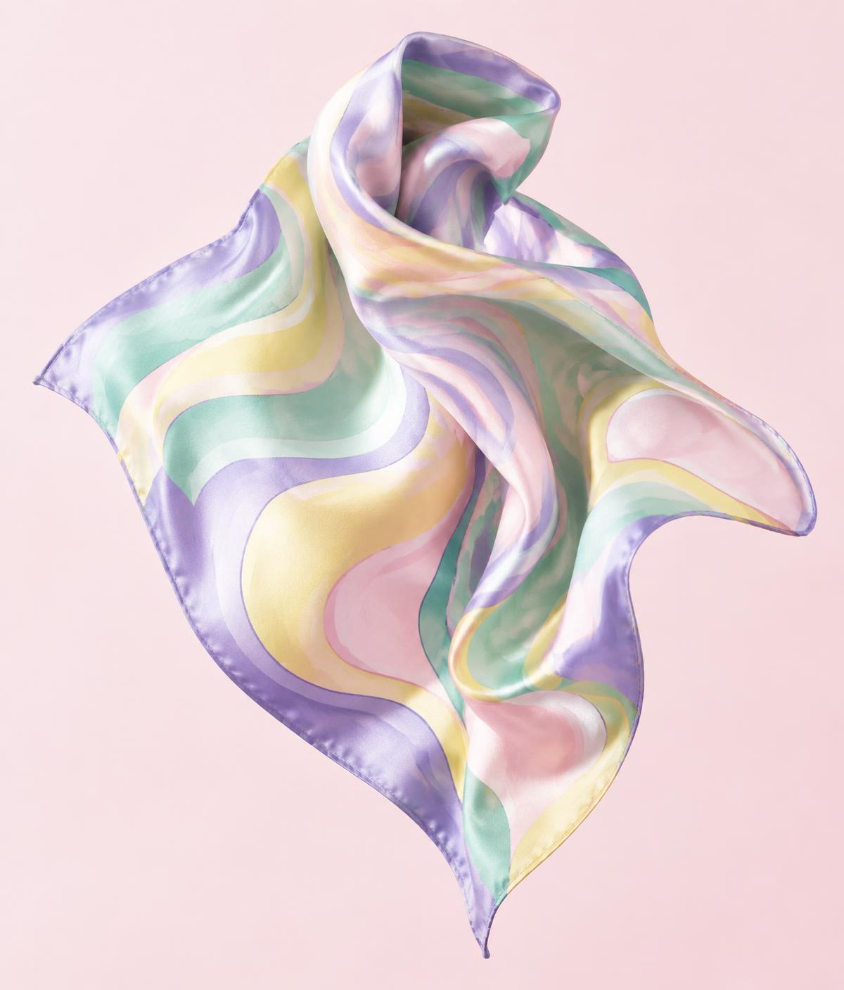 Pastel silk scarf with lilac, mint, blush and yellow swirls